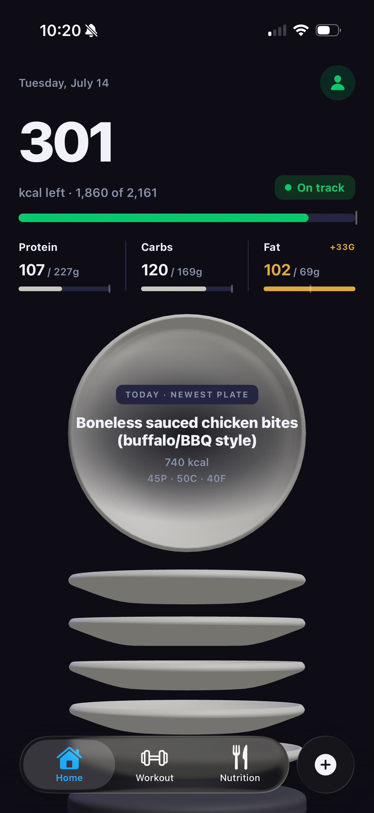 Stacking Plates home screen showing calorie and macro progress above a 3D stack of plates