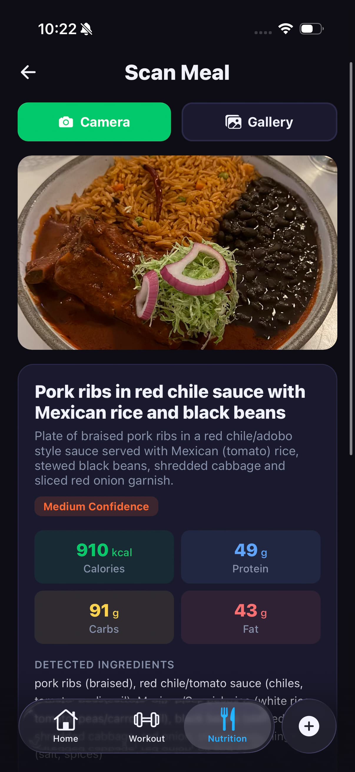 Meal logging screen with nutritional information