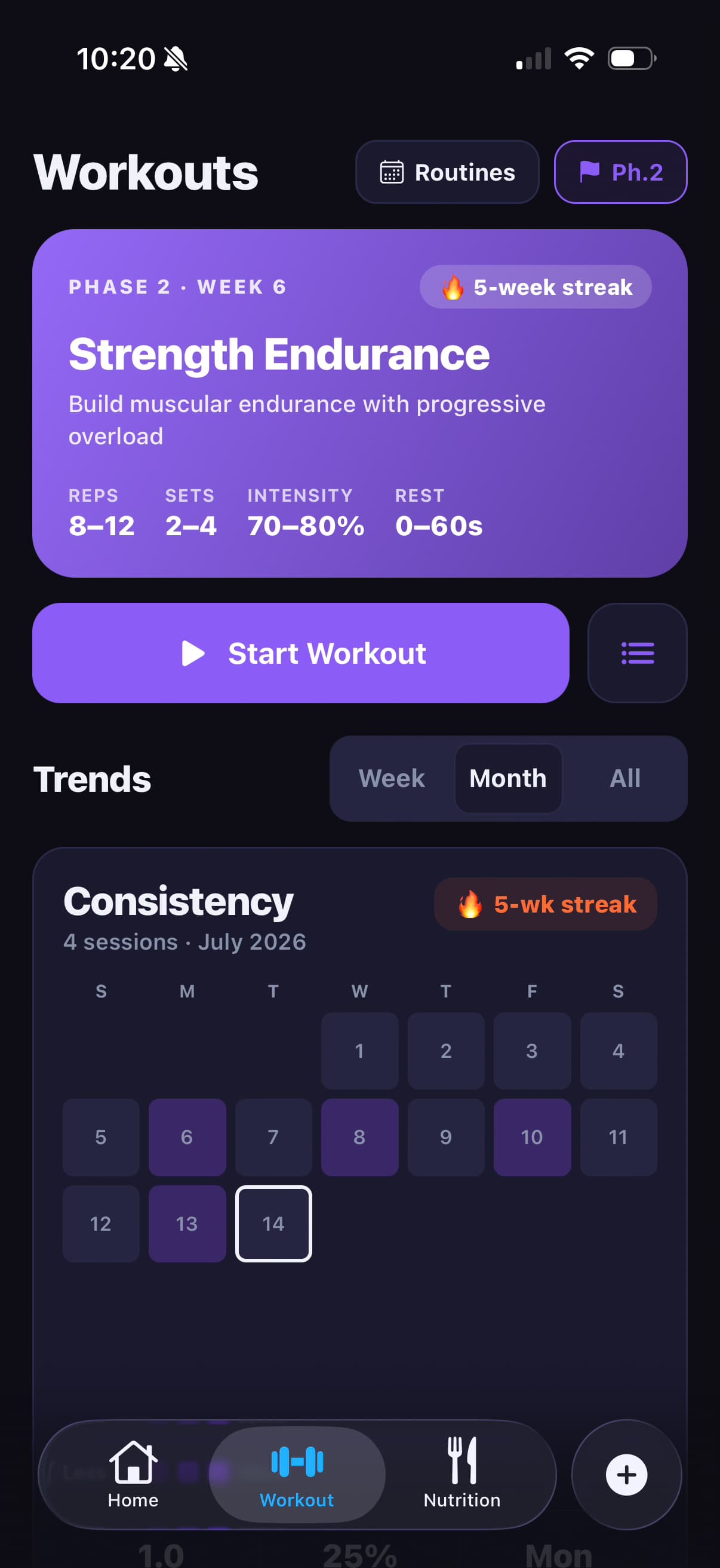 Workout overview screen with current phase and session history