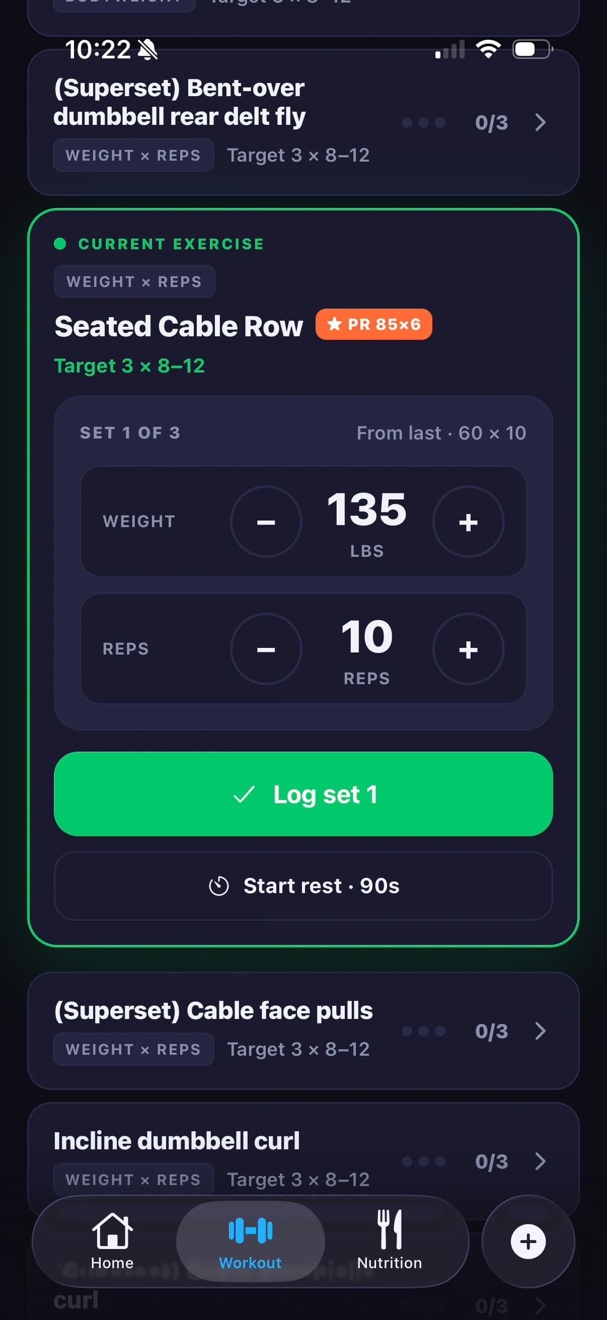 An in-progress workout with sets, reps, and weight being logged